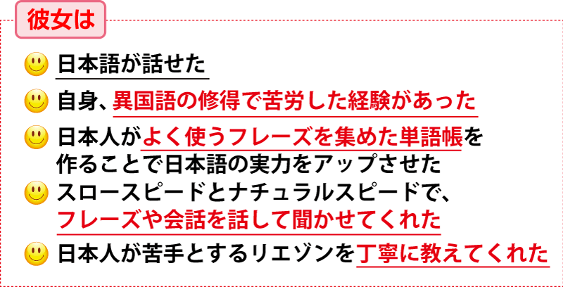 �ޏ��́A
  ��	���{�ꂪ�b����
    ��	���g�A�ٍ���̏C���ŋ�J�����o����������
    ��	���{�l���悭�g���t���[�Y���W�߂��P�꒠����邱�Ƃœ��{��̎��͂��A�b�v������
    ��	�X���[�X�s�[�h�ƃi�`�������X�s�[�h�ŁA�t���[�Y���b��b���ĕ������Ă��ꂽ
    ��	���{�l�����Ƃ��郊�G�]���𒚔J�ɋ����Ă��ꂽ